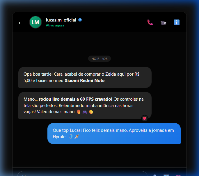 Depoimento no Instagram Direct de Lucas M. sobre Zelda no Xiaomi Redmi Note