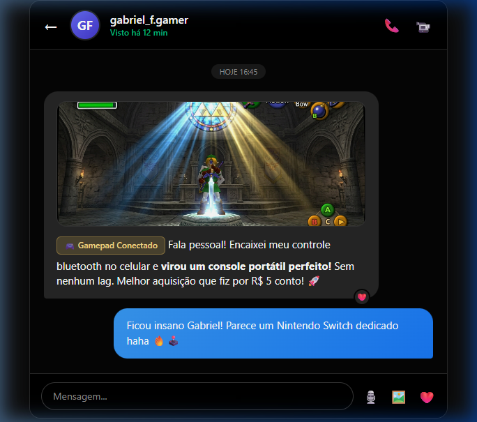 Depoimento no Instagram Direct de Gabriel F. jogando Zelda com gamepad bluetooth