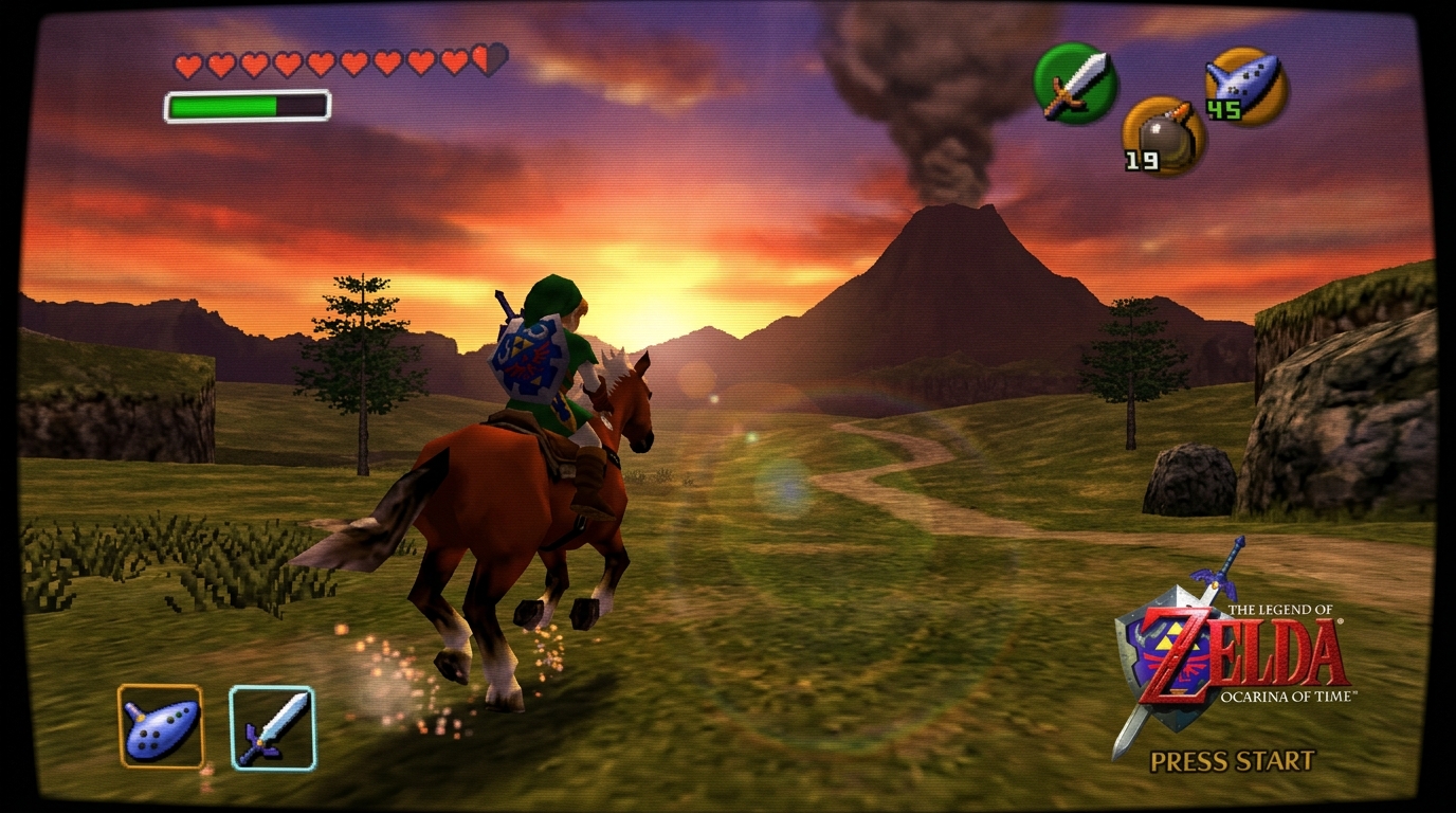 Link cavalgando Epona em Hyrule Field ao entardecer