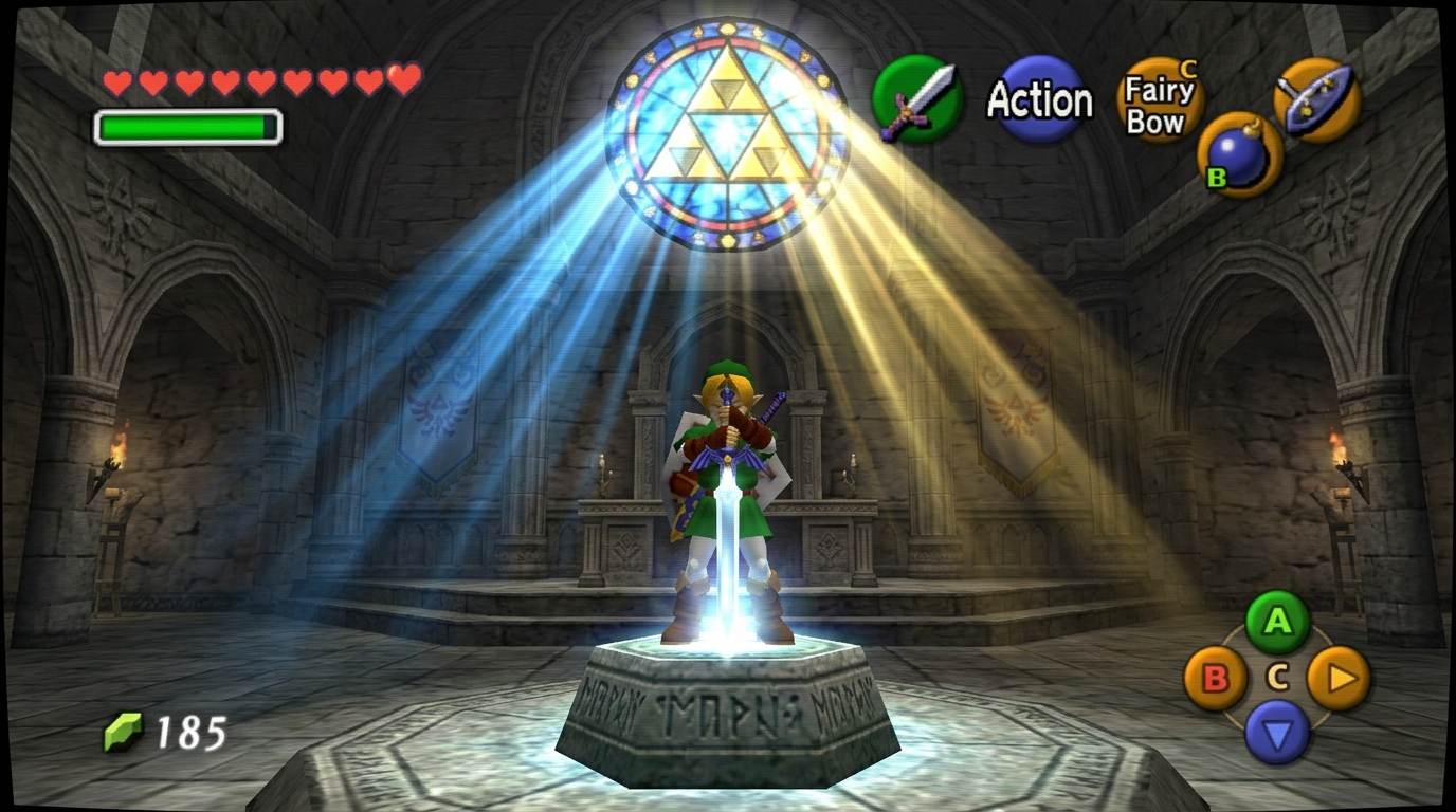 Link no Temple of Time diante do pedestal da Master Sword
